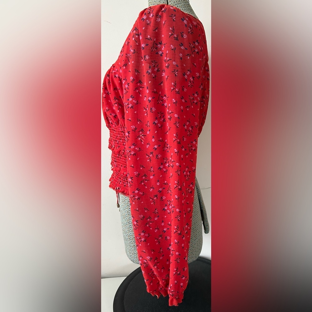 FREE PEOPLE Lolita Red Floral Print Ruffled Crop Top. Sz. L - Picture 4 of 7